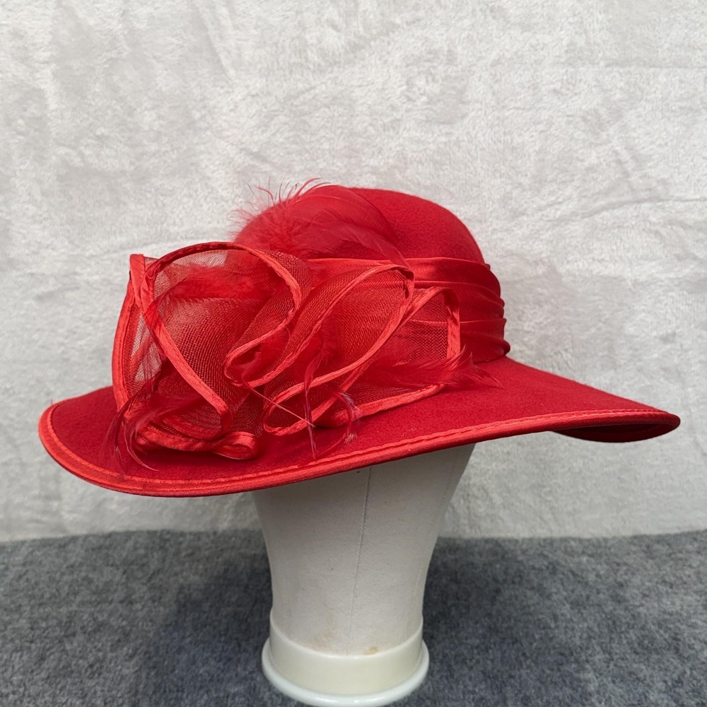 Kentucky Derby Hat Sun Womens Red Wool Felt Wide Brim Bow Society Wedding Church